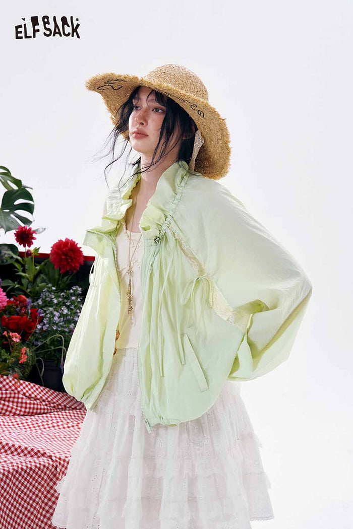 ELFSACK Ruffle Tie Neck Cropped Lace Jacket