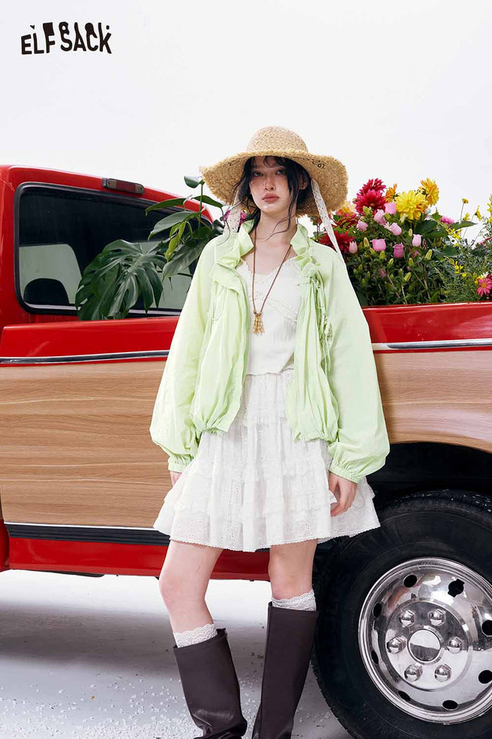 ELFSACK Ruffle Tie Neck Cropped Lace Jacket