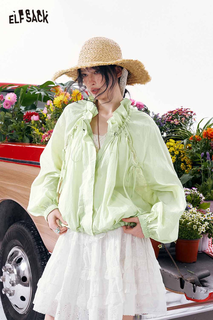 ELFSACK Ruffle Tie Neck Cropped Lace Jacket