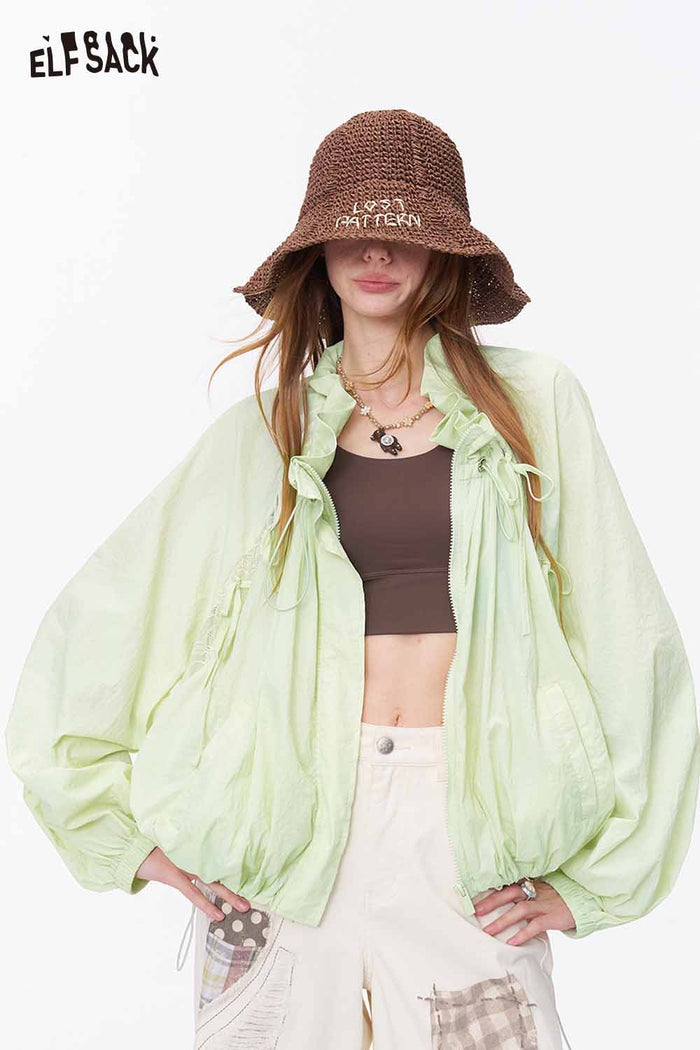 ELFSACK Ruffle Tie Neck Cropped Lace Jacket