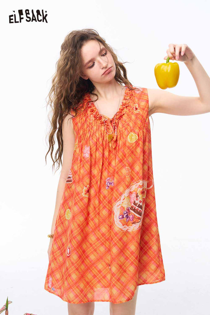 ELFSACK Ruffle V Neck Gingham Fruit Print Dress