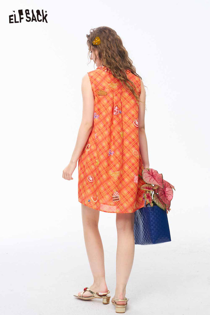 ELFSACK Ruffle V Neck Gingham Fruit Print Dress