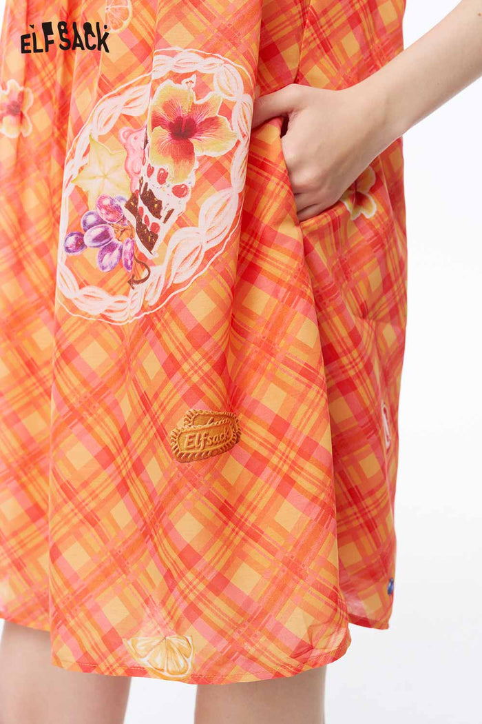 ELFSACK Ruffle V Neck Gingham Fruit Print Dress