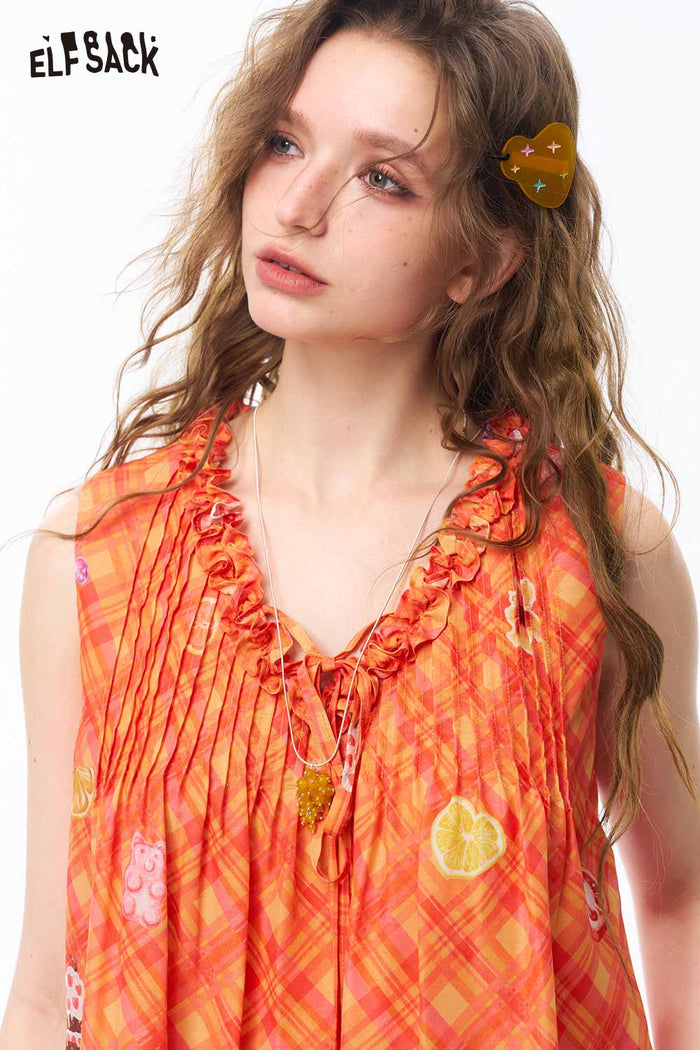 ELFSACK Ruffle V Neck Gingham Fruit Print Dress