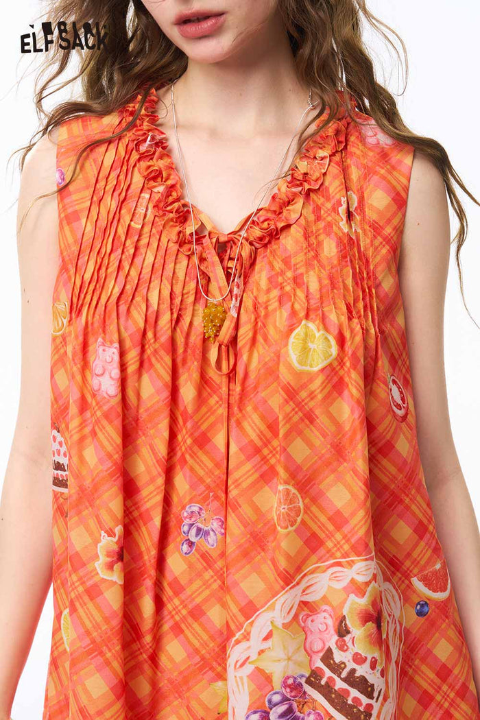 ELFSACK Ruffle V Neck Gingham Fruit Print Dress
