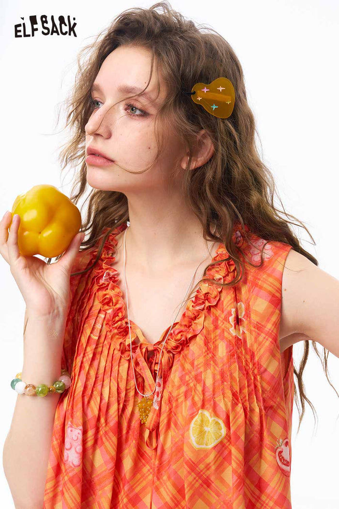 ELFSACK Ruffle V Neck Gingham Fruit Print Dress
