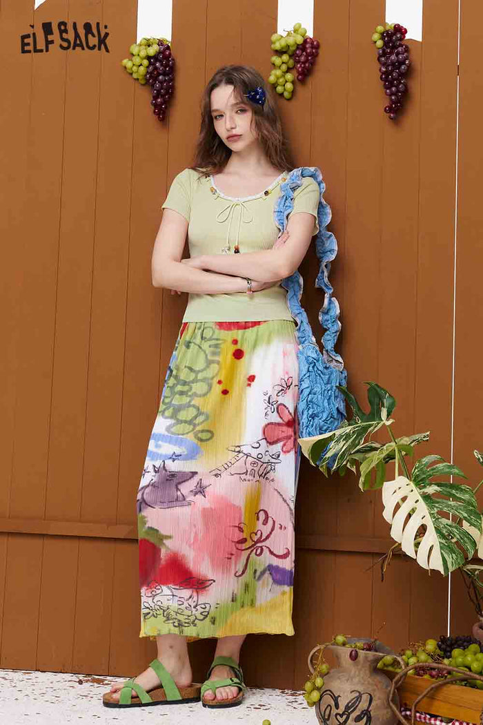 ELFSACK Ruffled Neck Tie Front Slim Fit Tee