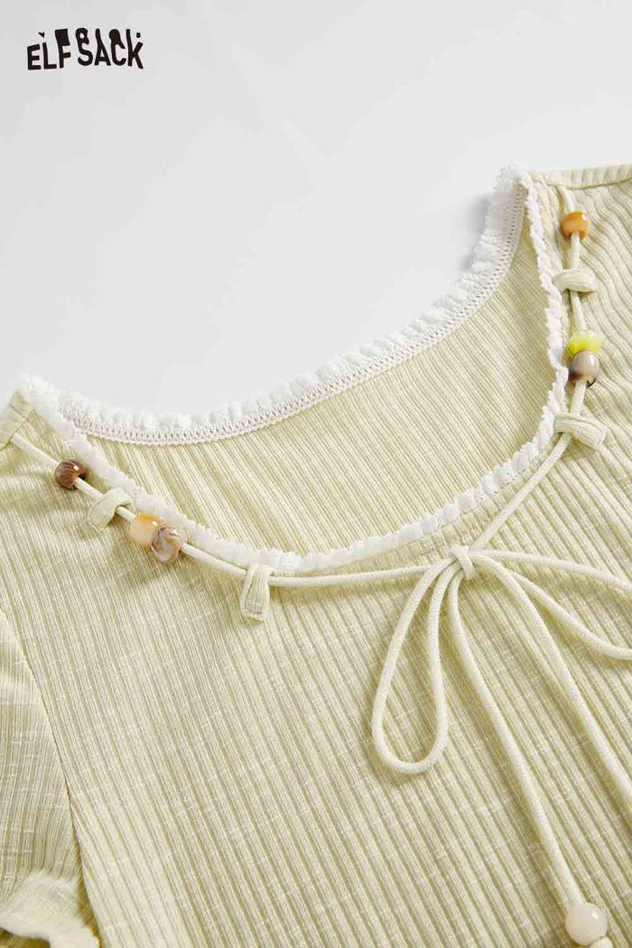 ELFSACK Ruffled Neck Tie Front Slim Fit Tee