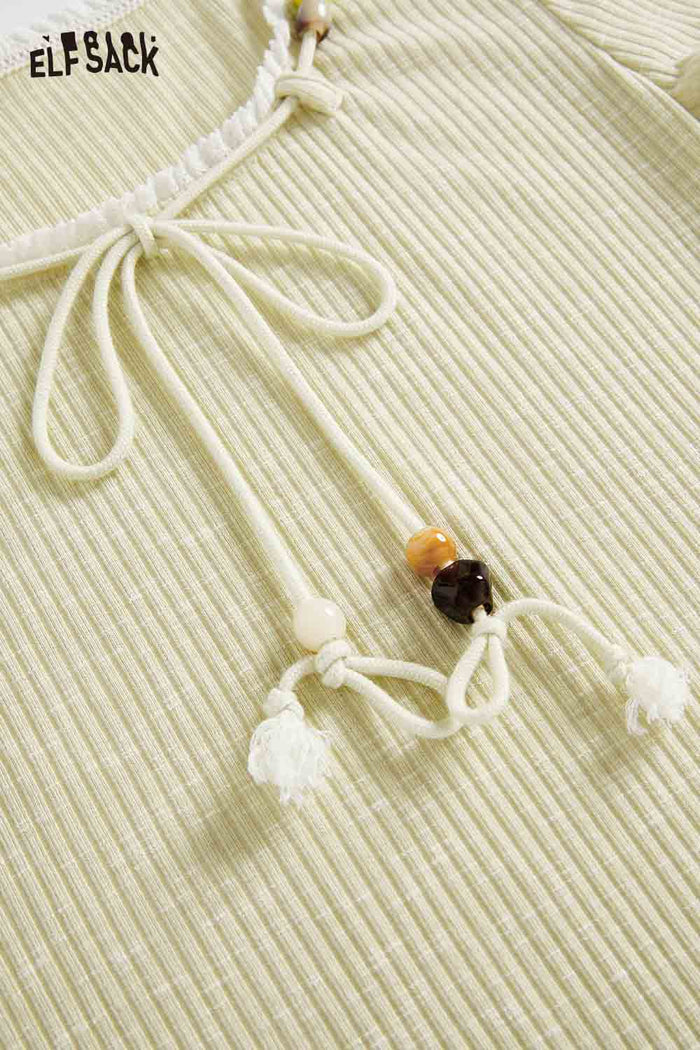 ELFSACK Ruffled Neck Tie Front Slim Fit Tee