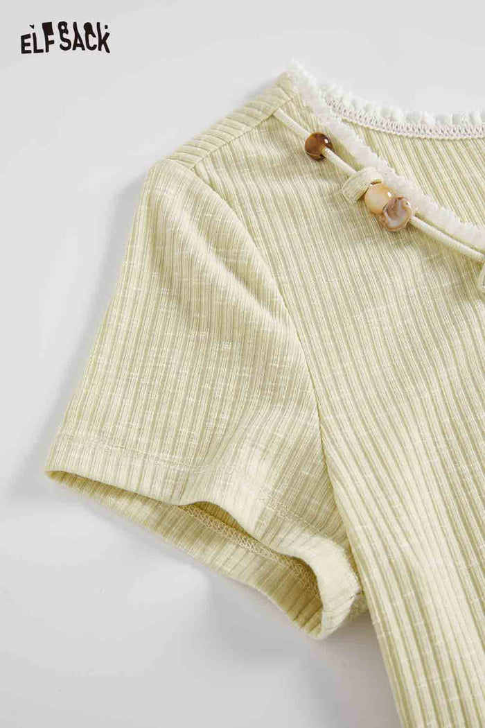 ELFSACK Ruffled Neck Tie Front Slim Fit Tee