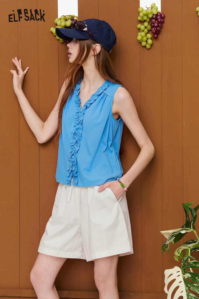 ELFSACK Ruffled V-Neck Sleeveless Blouse