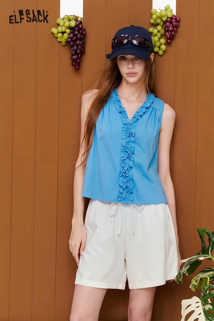 ELFSACK Ruffled V-Neck Sleeveless Blouse