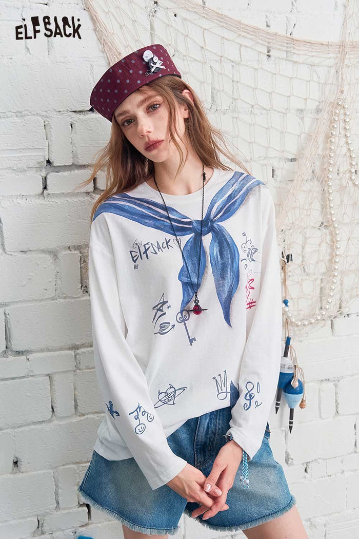 ELFSACK Sailor Collar Graffiti Print Long Sleeve Tee