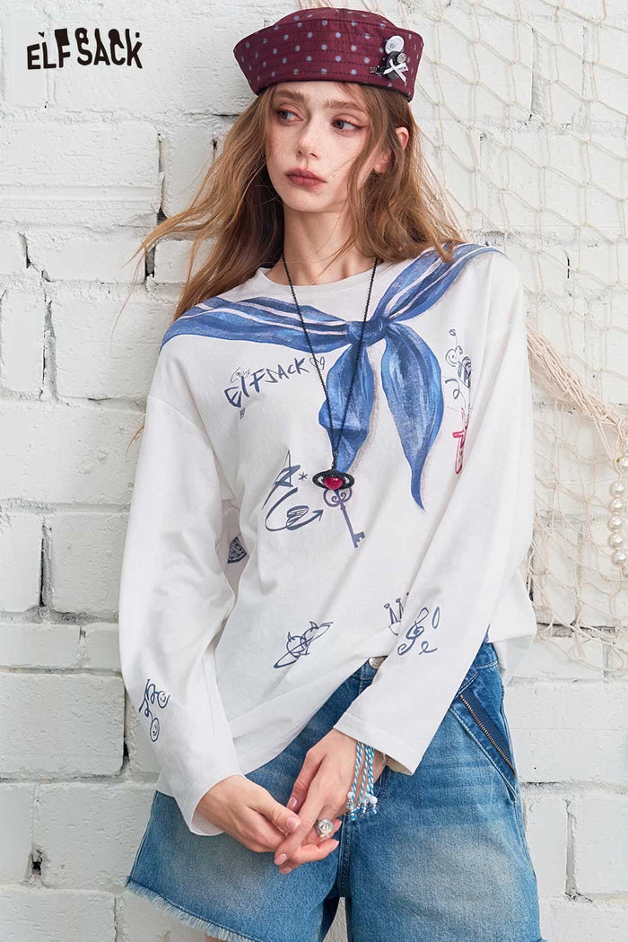 ELFSACK Sailor Collar Graffiti Print Long Sleeve Tee