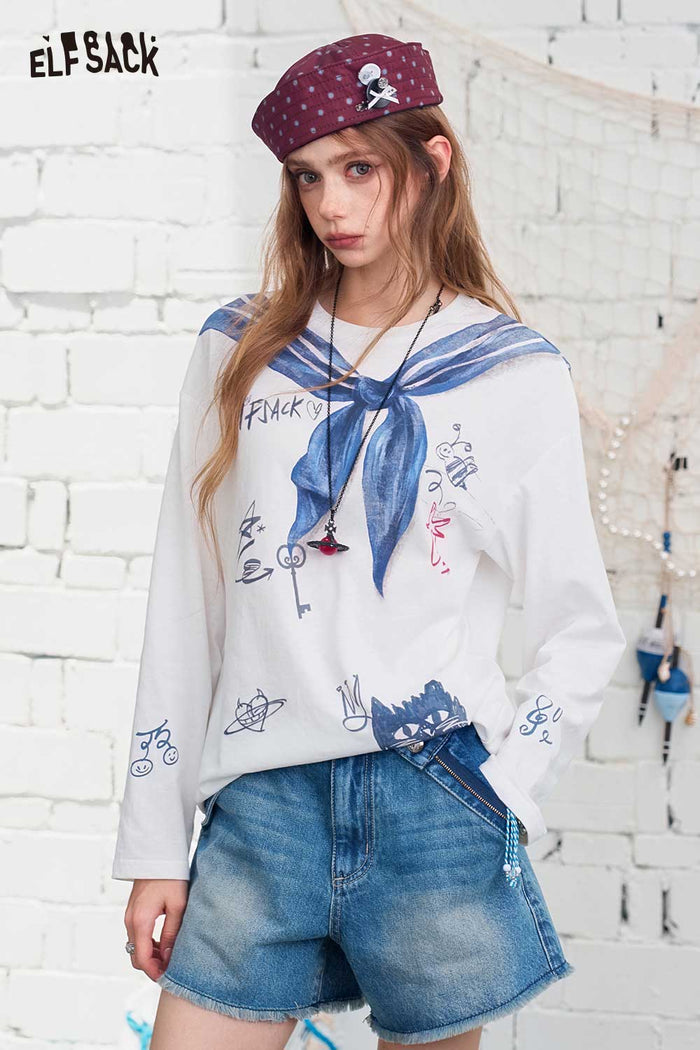 ELFSACK Sailor Collar Graffiti Print Long Sleeve Tee