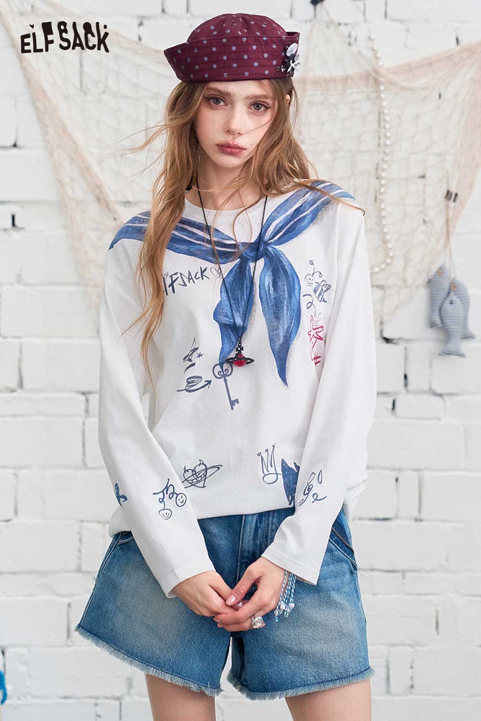 ELFSACK Sailor Collar Graffiti Print Long Sleeve Tee