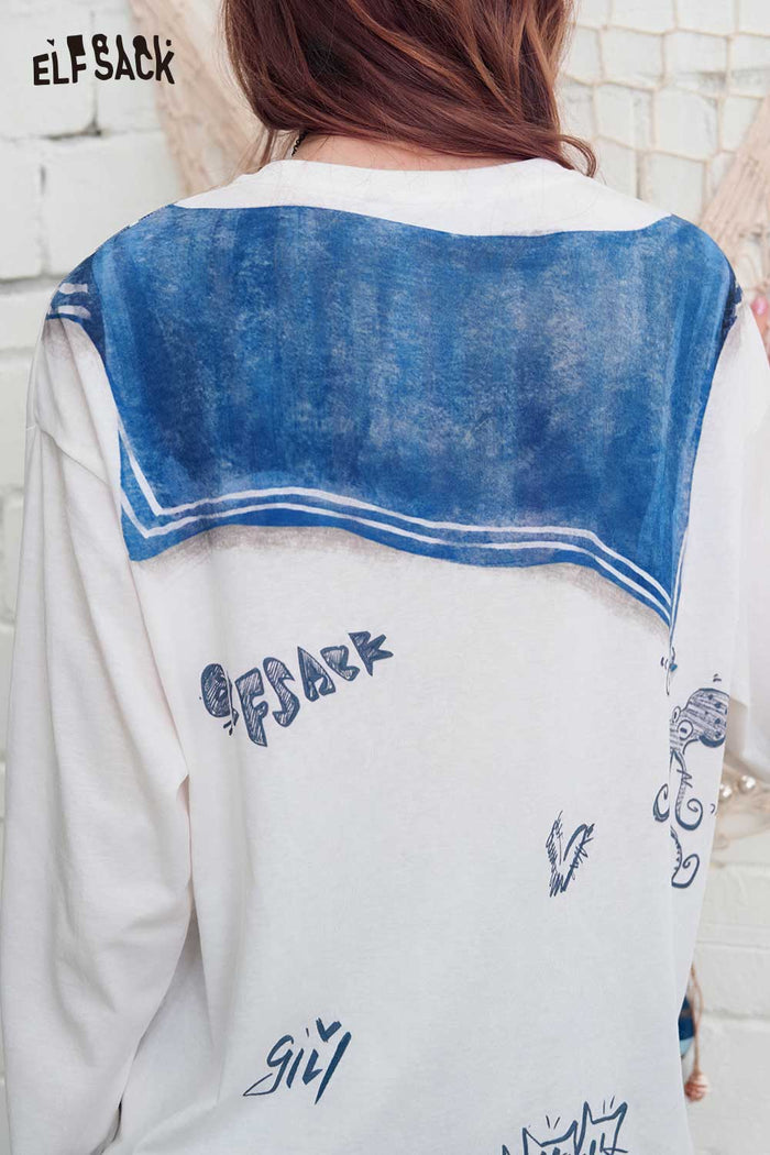 ELFSACK Sailor Collar Graffiti Print Long Sleeve Tee