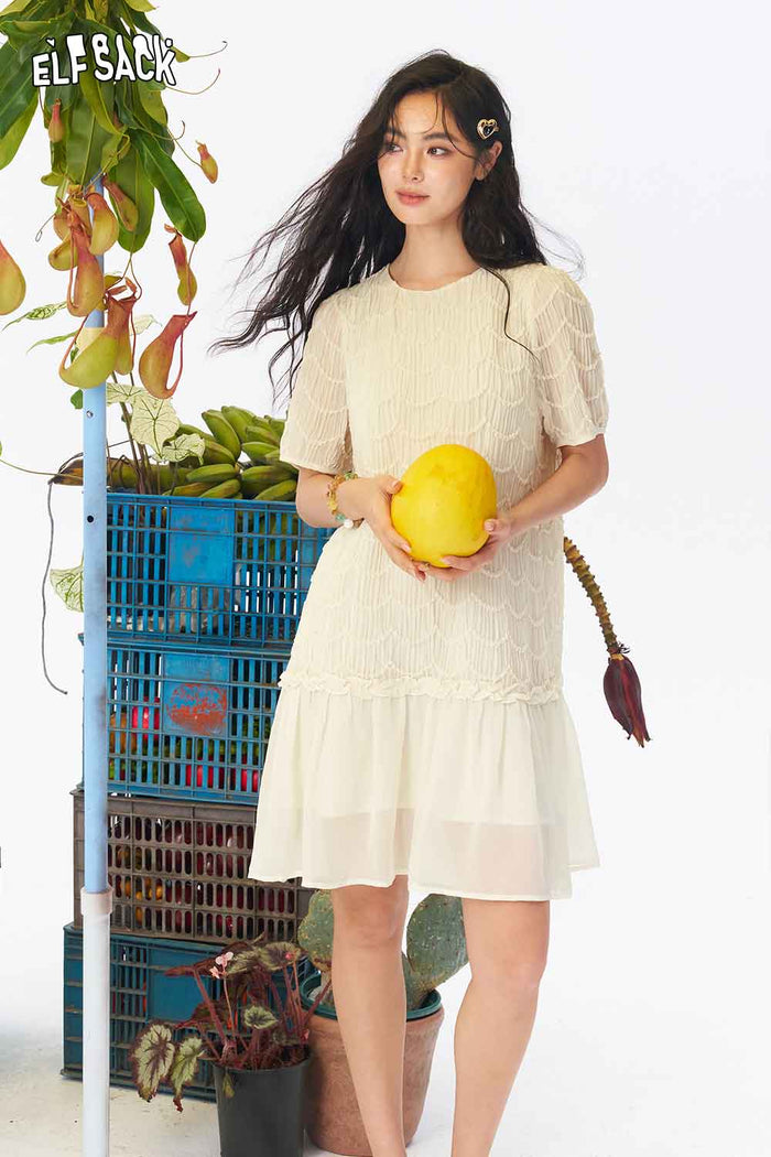 ELFSACK Scalloped Lace Ruffled Hem Mini Dress