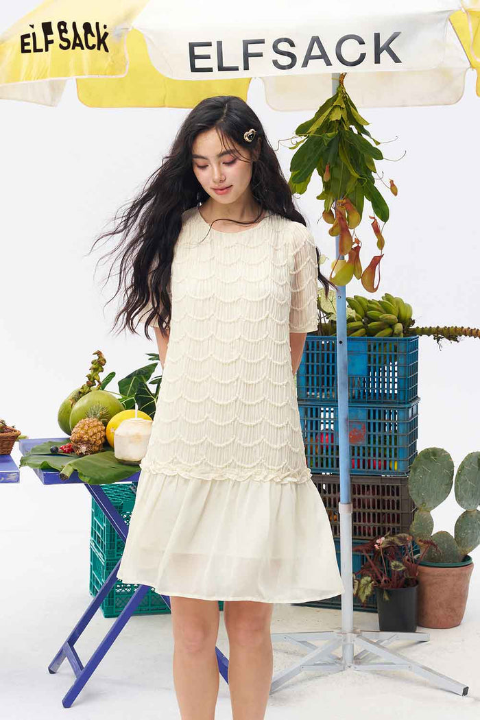 ELFSACK Scalloped Lace Ruffled Hem Mini Dress