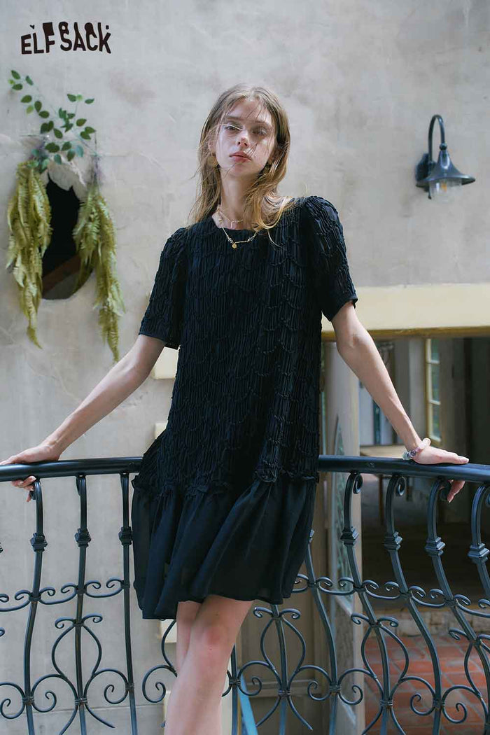 ELFSACK Scalloped Lace Ruffled Hem Mini Dress