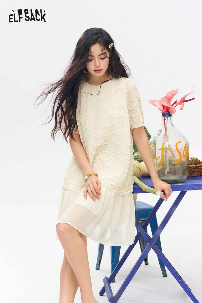 ELFSACK Scalloped Lace Ruffled Hem Mini Dress