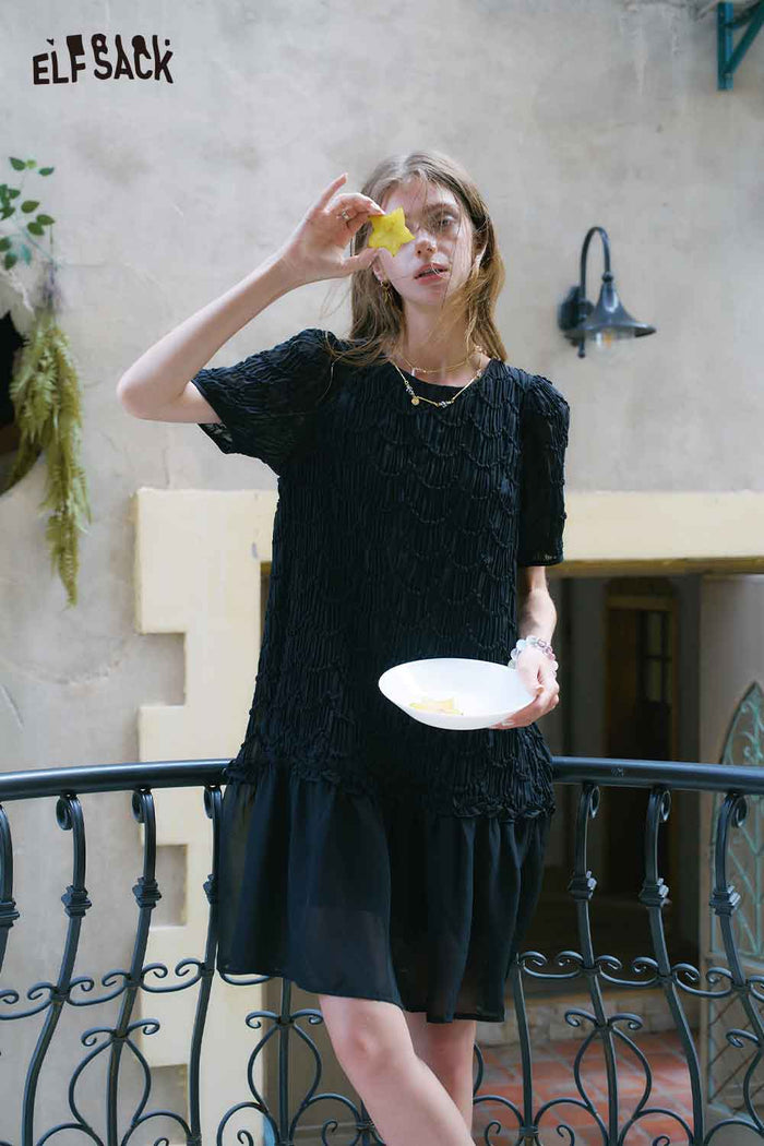 ELFSACK Scalloped Lace Ruffled Hem Mini Dress