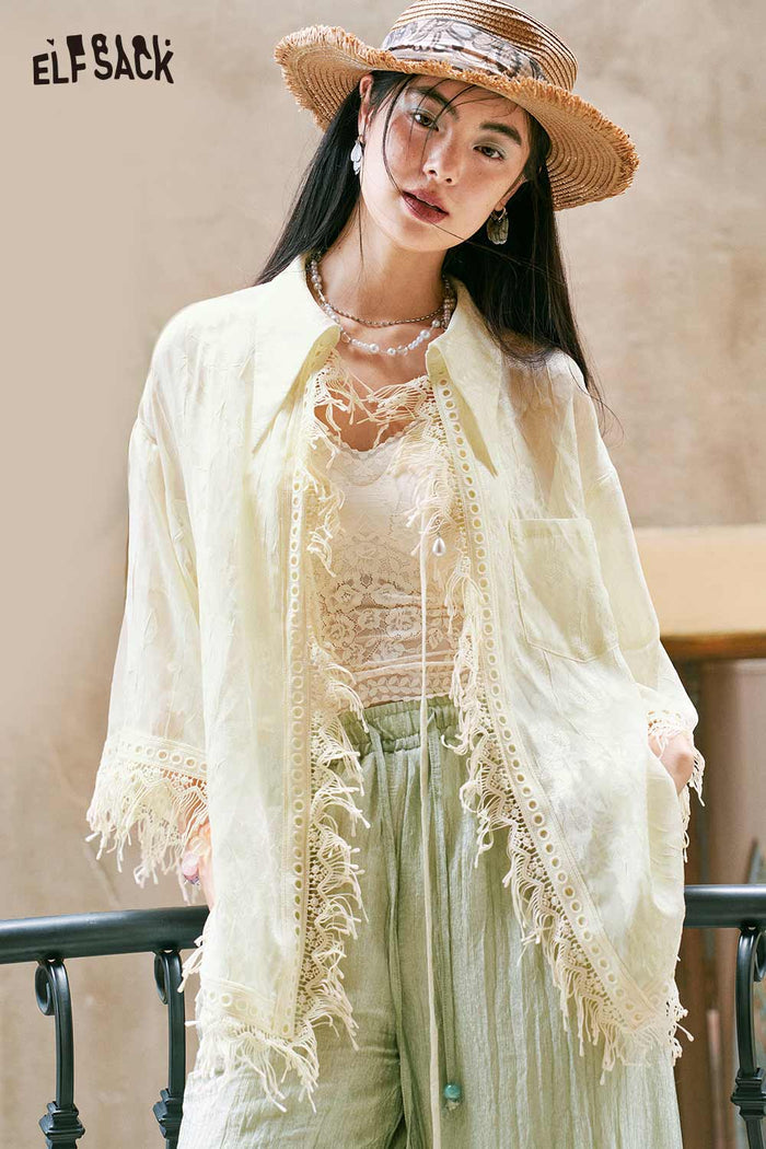 ELFSACK Sheer Lace Tassel Trim 3/4 Sleeve Blouse