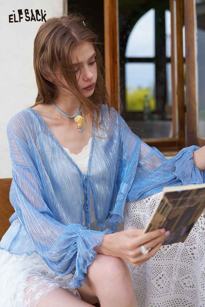 ELFSACK Sheer Shimmer Open Front Knit Cardigan