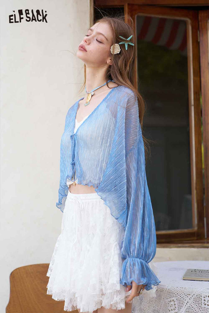 ELFSACK Sheer Shimmer Open Front Knit Cardigan