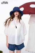 ELFSACK Sheer Stand Collar Puff Sleeve Button Down Shirt
