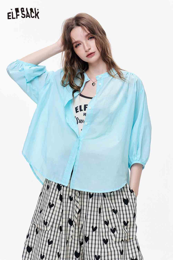 ELFSACK Sheer Stand Collar Puff Sleeve Button Down Shirt