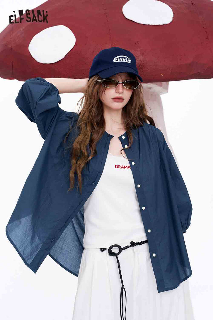 ELFSACK Sheer Stand Collar Puff Sleeve Button Down Shirt