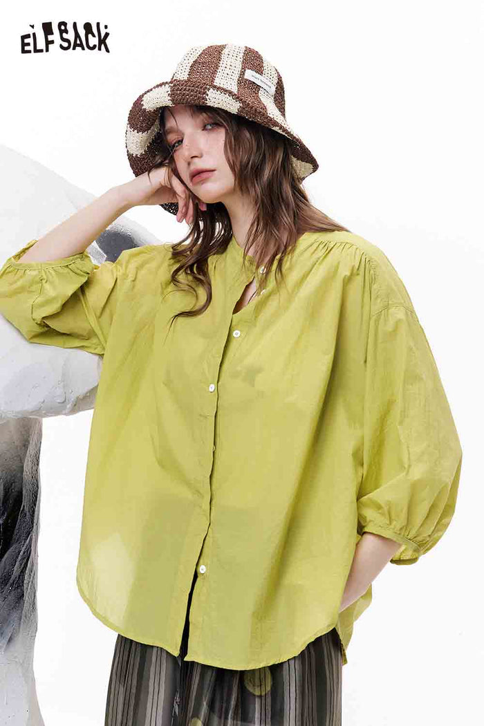 ELFSACK Sheer Stand Collar Puff Sleeve Button Down Shirt
