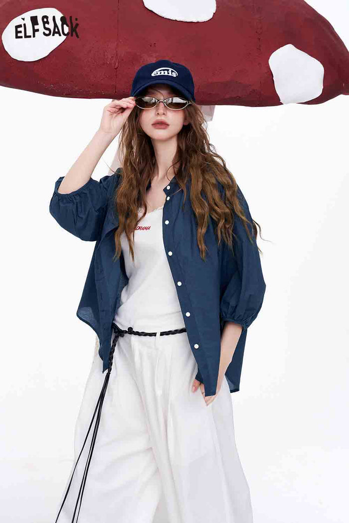 ELFSACK Sheer Stand Collar Puff Sleeve Button Down Shirt