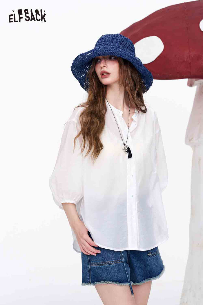 ELFSACK Sheer Stand Collar Puff Sleeve Button Down Shirt