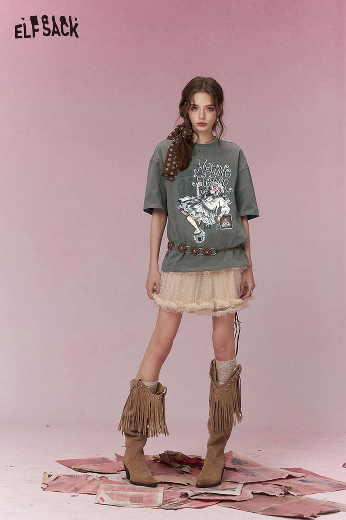 ELFSACK Shiny Glitter Graphic Tshirt with Silver Foil Print