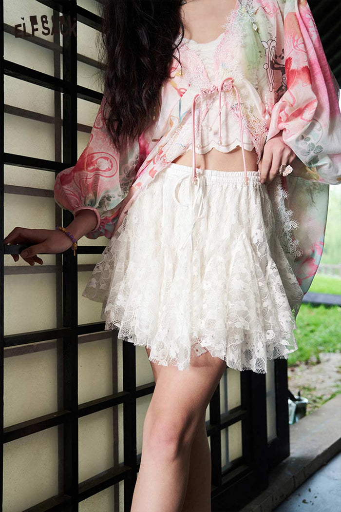 ELFSACK Shiny Lace A-Line Ruffled Mini Skirt