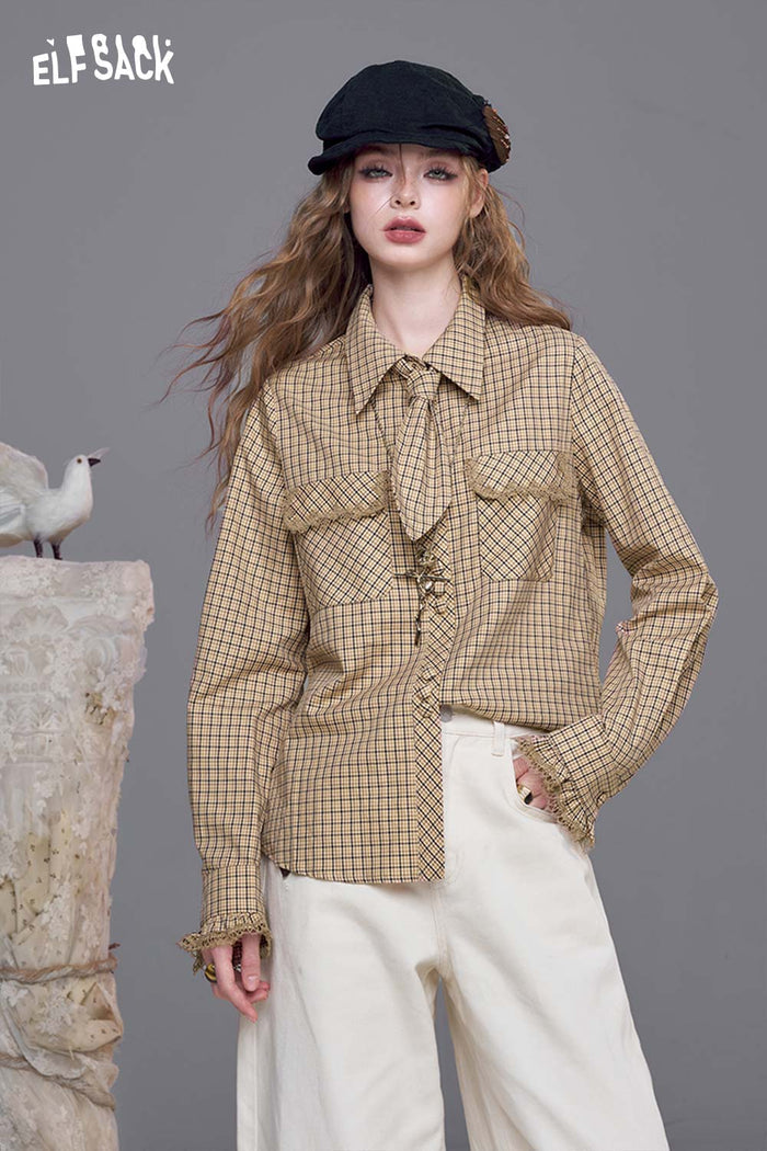 ELFSACK Silky Twill Fabric Plaid Pattern Lace Accent Detail Long Sleeve Shirt