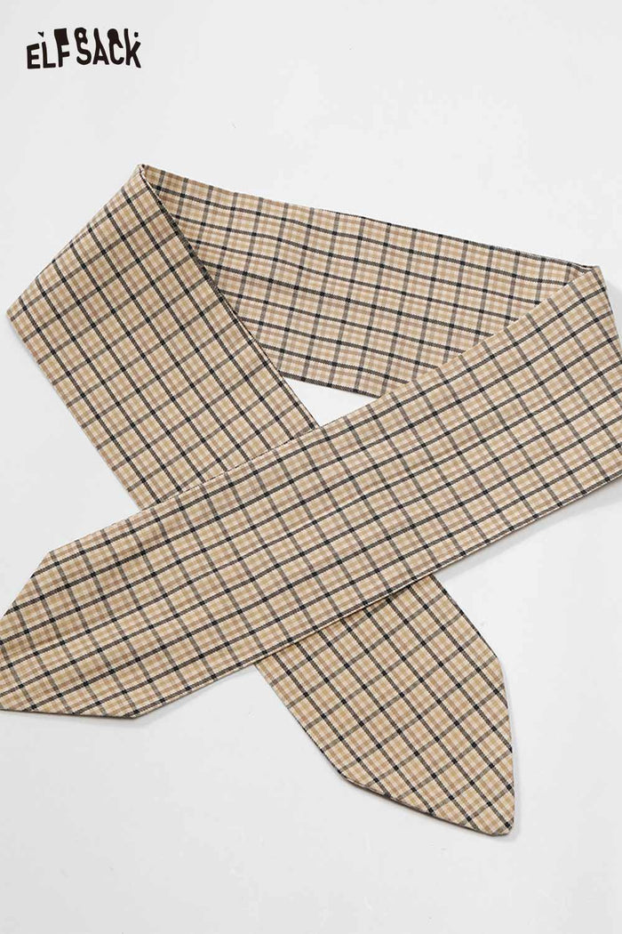 ELFSACK Silky Twill Fabric Plaid Pattern Lace Accent Detail Long Sleeve Shirt