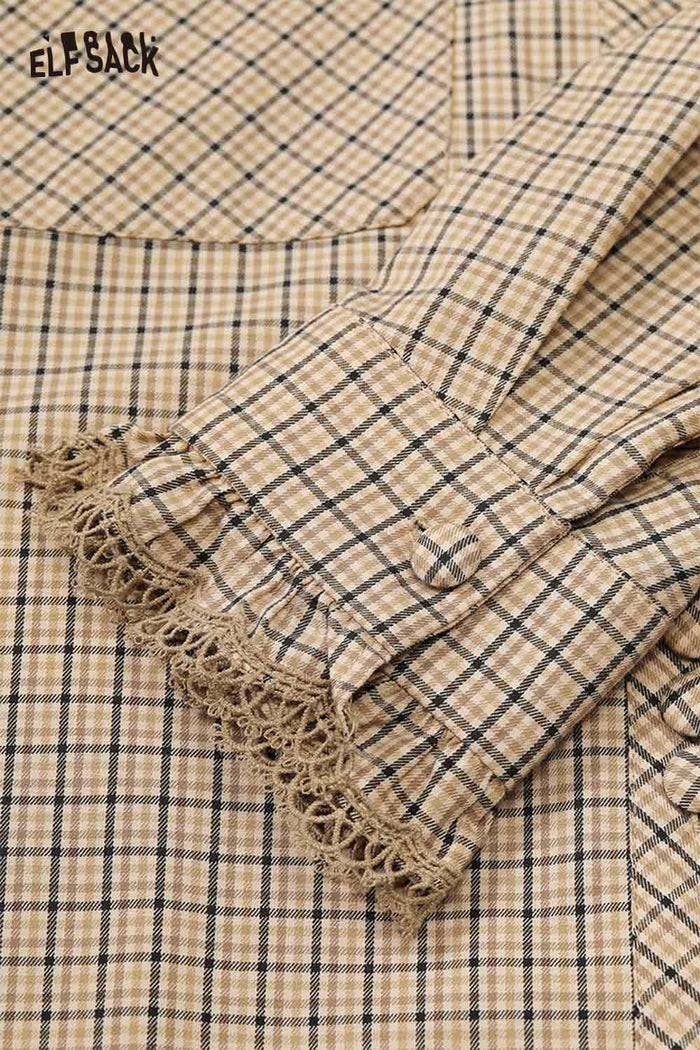 ELFSACK Silky Twill Fabric Plaid Pattern Lace Accent Detail Long Sleeve Shirt