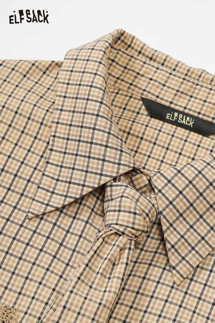 ELFSACK Silky Twill Fabric Plaid Pattern Lace Accent Detail Long Sleeve Shirt