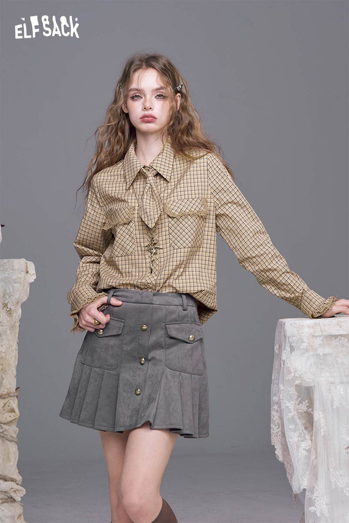 ELFSACK Silky Twill Fabric Plaid Pattern Lace Accent Detail Long Sleeve Shirt