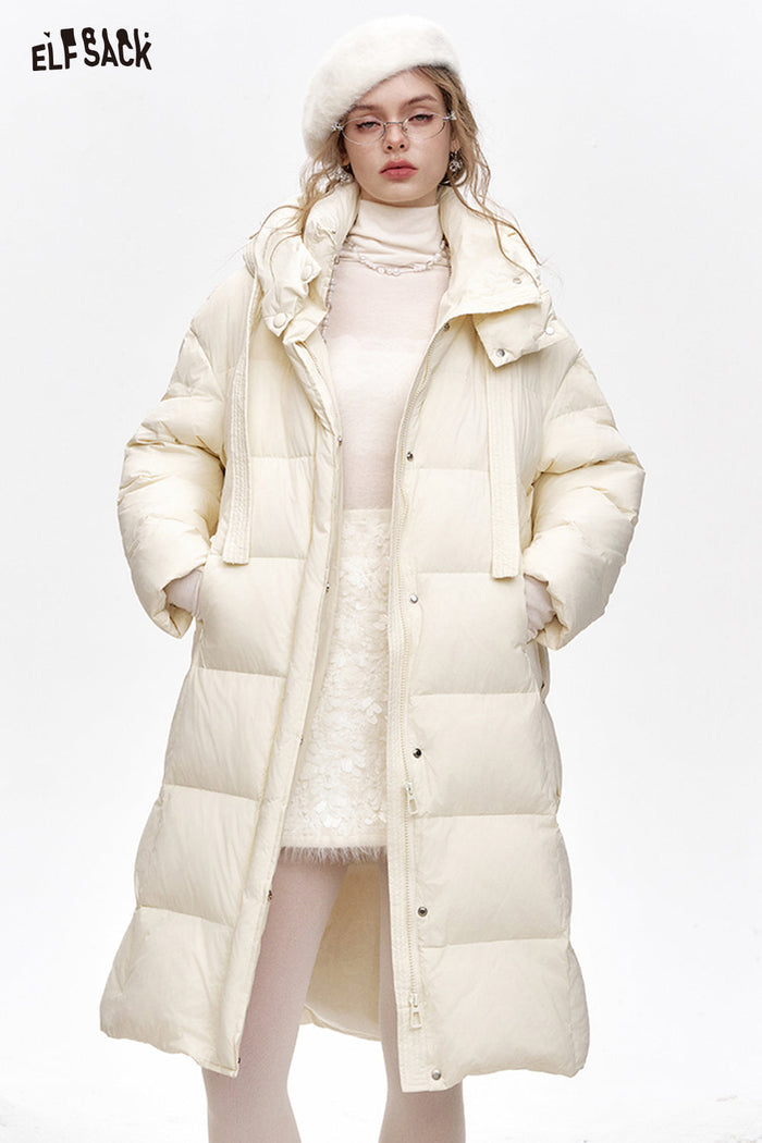 ELFSACK Simple and versatile hooded long loose down coat
