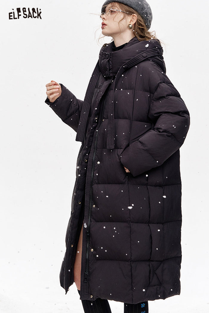 ELFSACK Simple and versatile hooded long loose down coat