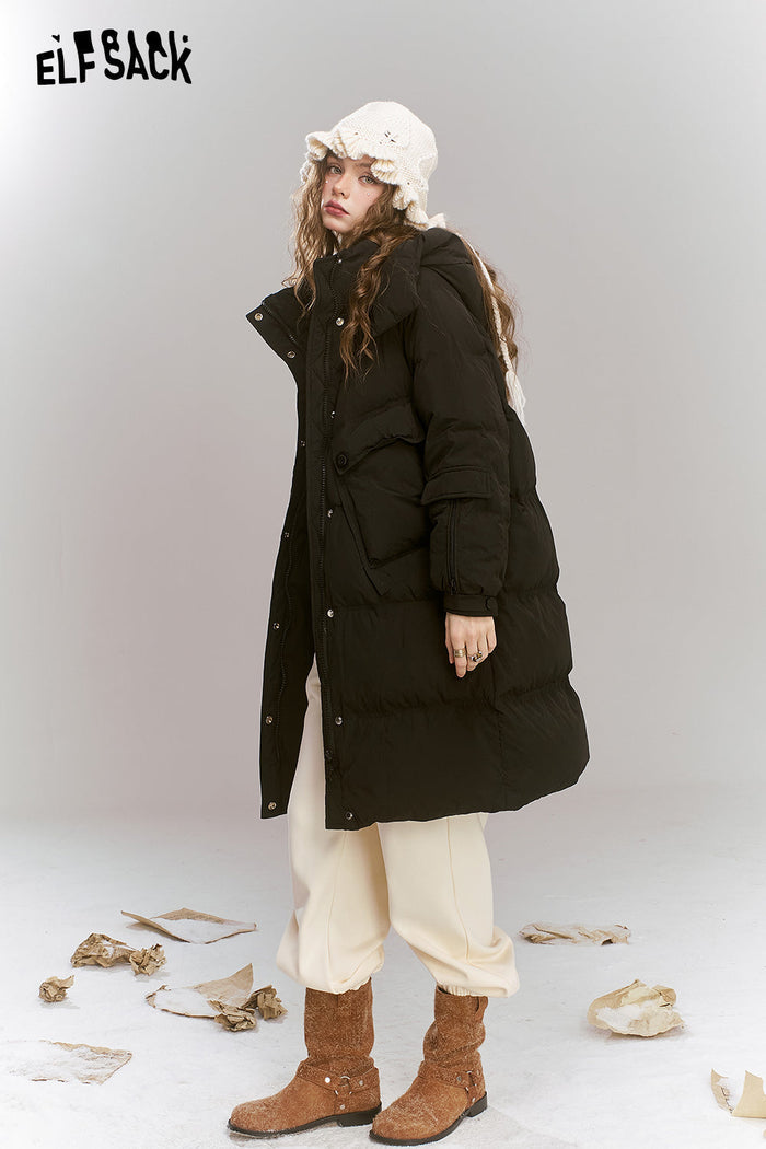 ELFSACK Simplicity casual loose mid-length hooded warm down jacket