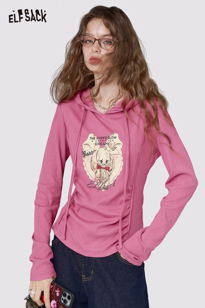 ELFSACK Slim-Fit Ruched Print Long Sleeve Hooded Top