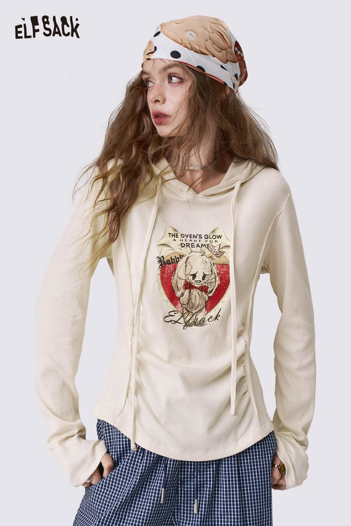ELFSACK Slim-Fit Ruched Print Long Sleeve Hooded Top