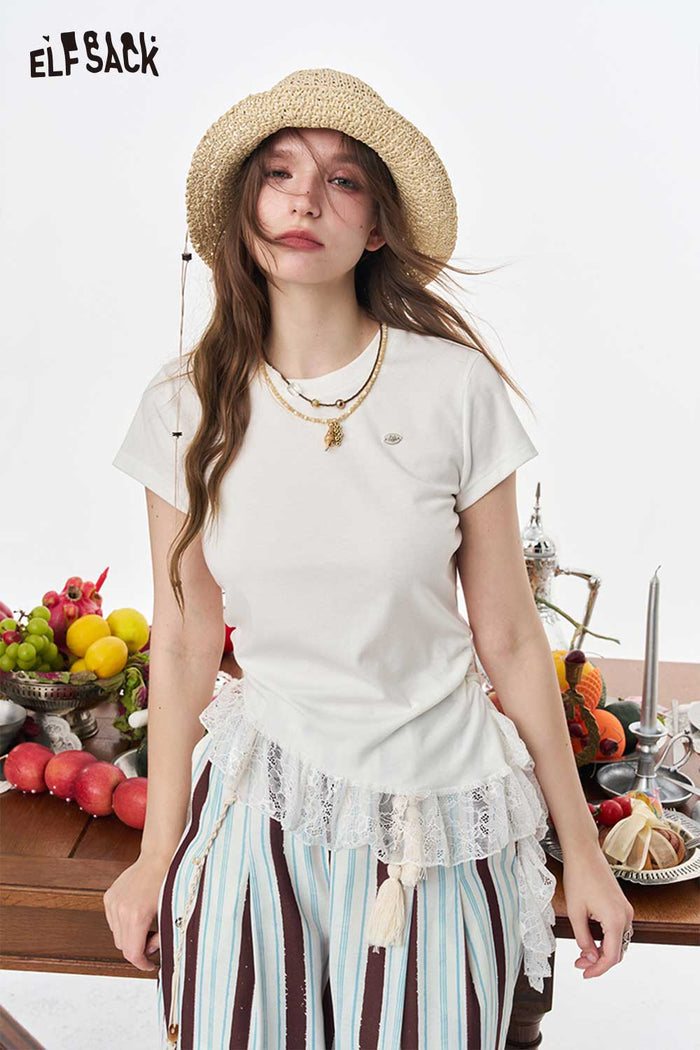 ELFSACK Slim White Lace Ruffle Top
