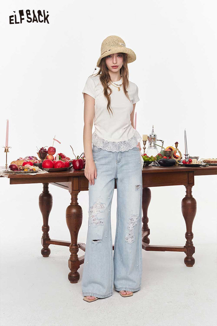 ELFSACK Slim White Lace Ruffle Top