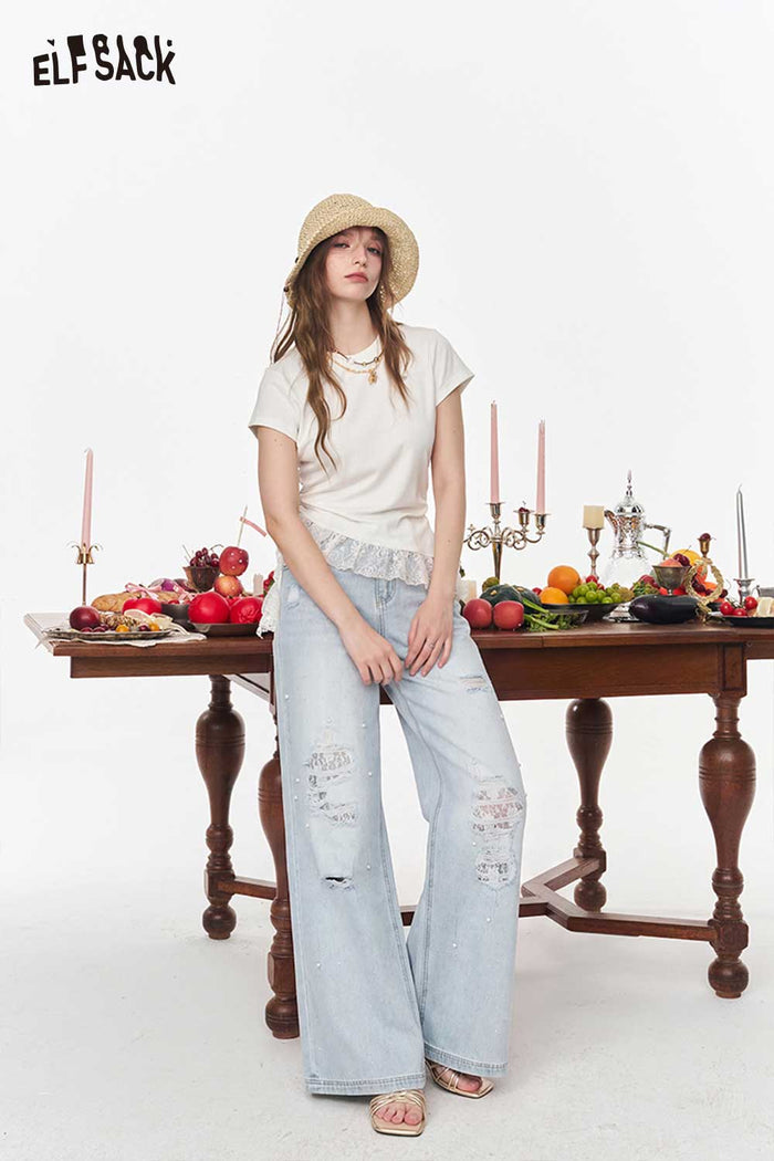 ELFSACK Slim White Lace Ruffle Top